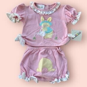 Vtg 80s Baby Girl 12M Pink Ruffled Top Bloomers Set Bloomer Bubble Easter Outfit